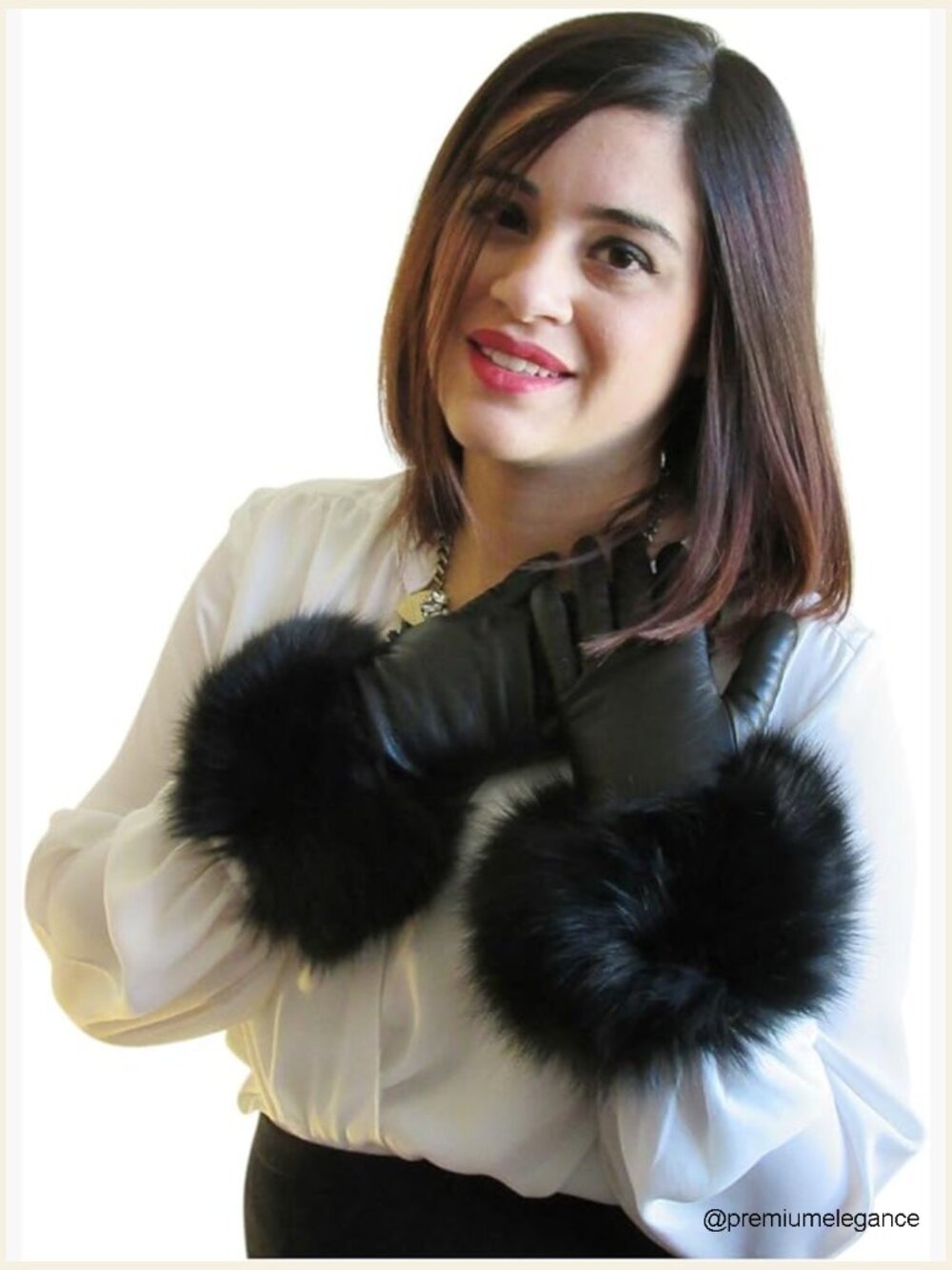 Cashmere Lined Lambskin Leather Gloves with Fox Trim